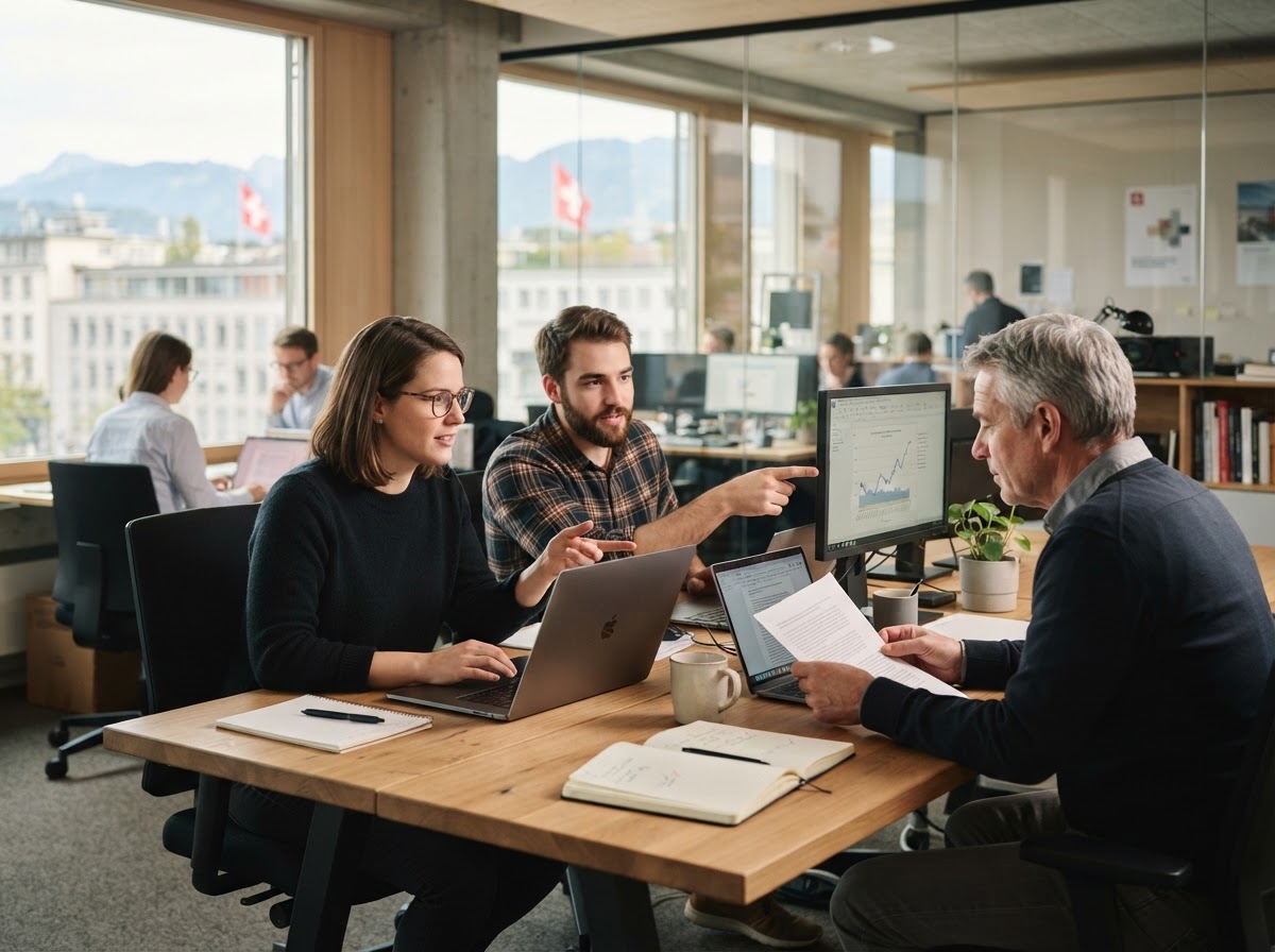 Schweizer Nachrichten Team bei der Arbeit an Analyseprozessen